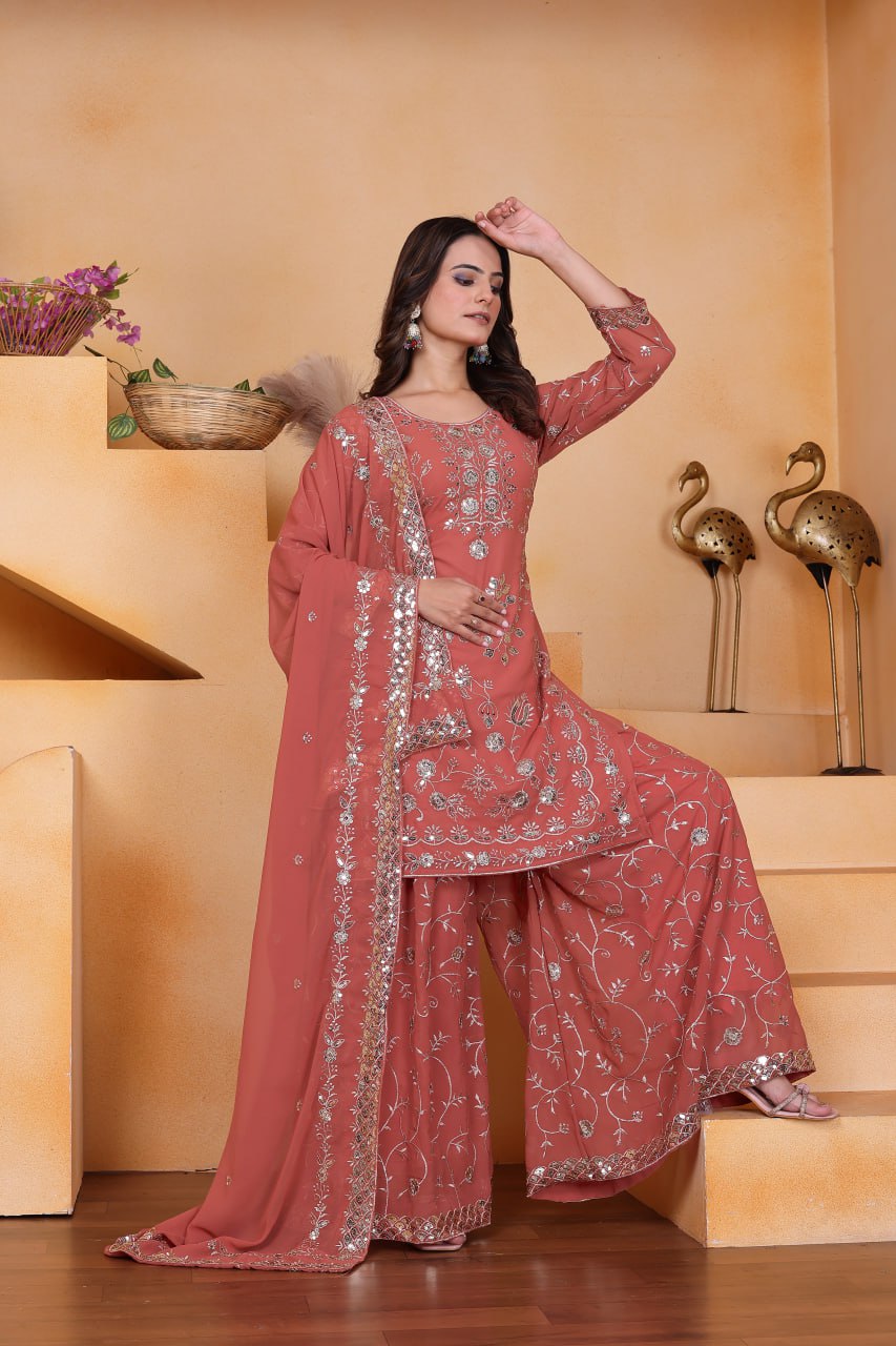 Prazu Fashion Peach Georgette Sequin Embroidered Sharara Suit | Grocsy