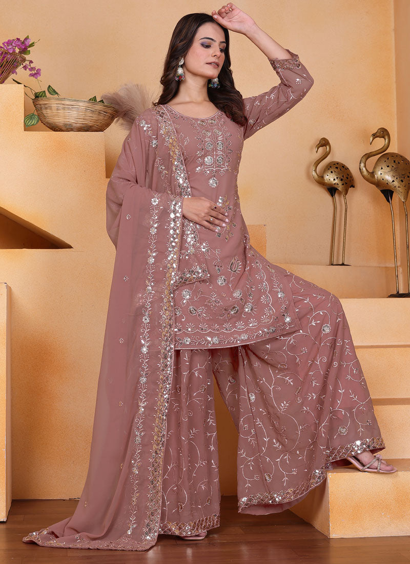 Prazu Fashion Onion Pink Georgette Sequin Embroidered Sharara Suit | Grocsy