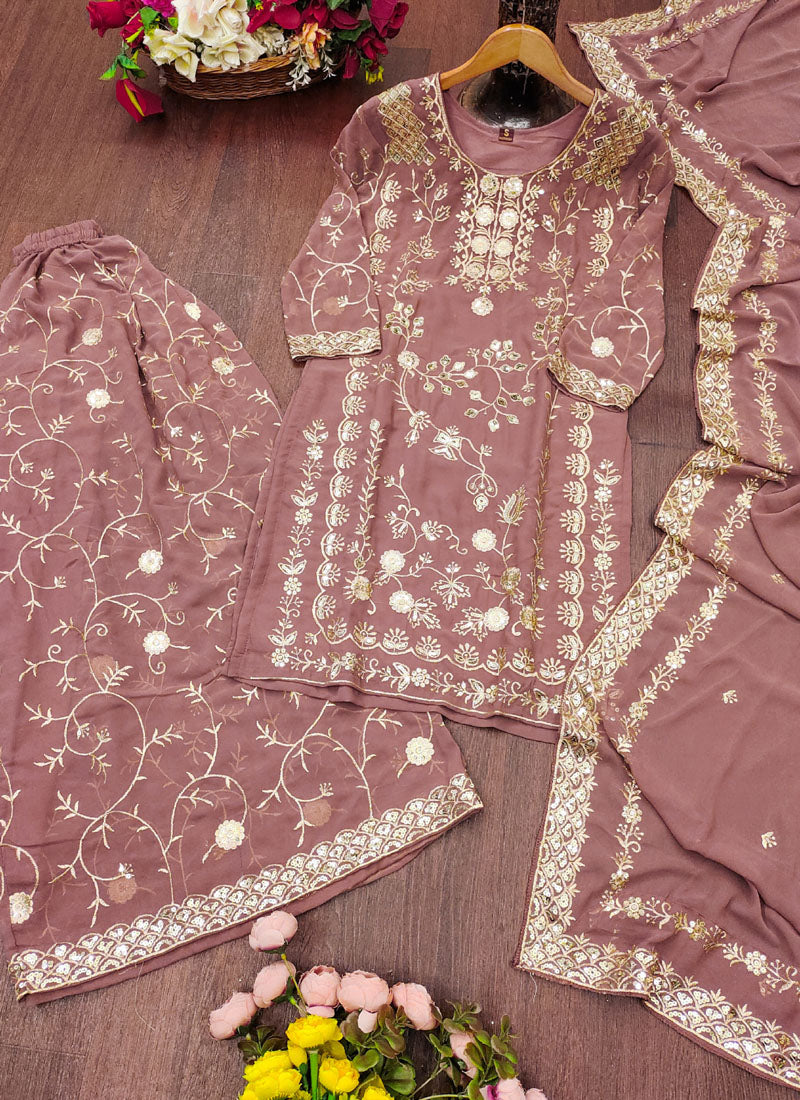 Prazu Fashion Onion Pink Georgette Sequin Embroidered Sharara Suit | Grocsy