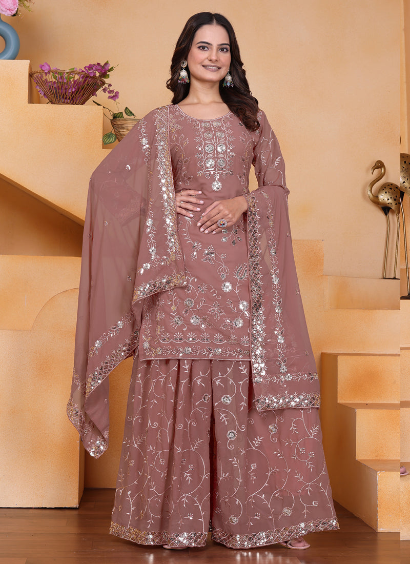 Prazu Fashion Onion Pink Georgette Sequin Embroidered Sharara Suit | Grocsy
