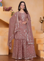 Prazu Fashion Onion Pink Georgette Sequin Embroidered Sharara Suit | Grocsy