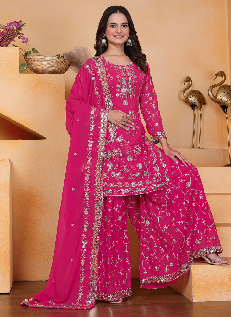 Prazu Fashion Pink Georgette Sequin Embroidered Sharara Suit | Grocsy