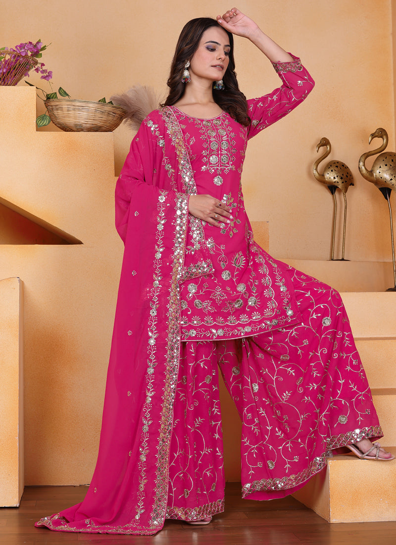 Prazu Fashion Pink Georgette Sequin Embroidered Sharara Suit | Grocsy
