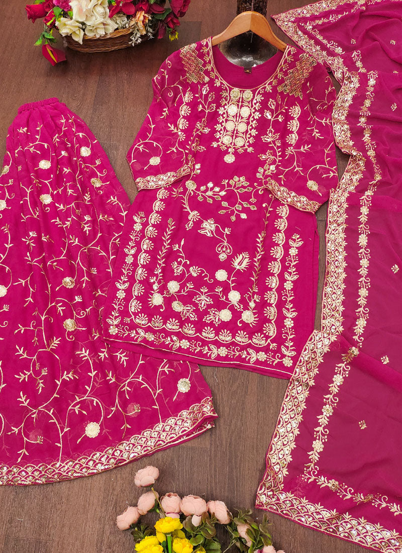 Prazu Fashion Pink Georgette Sequin Embroidered Sharara Suit | Grocsy