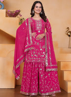 Prazu Fashion Pink Georgette Sequin Embroidered Sharara Suit | Grocsy