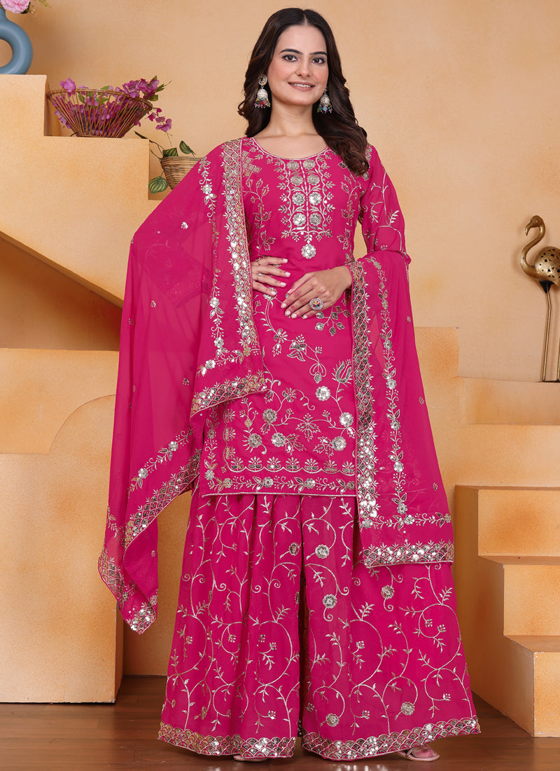 Prazu Fashion Pink Georgette Sequin Embroidered Sharara Suit | Grocsy