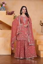 Prazu Fashion Peach Georgette Sequin Embroidered Sharara Suit | Grocsy