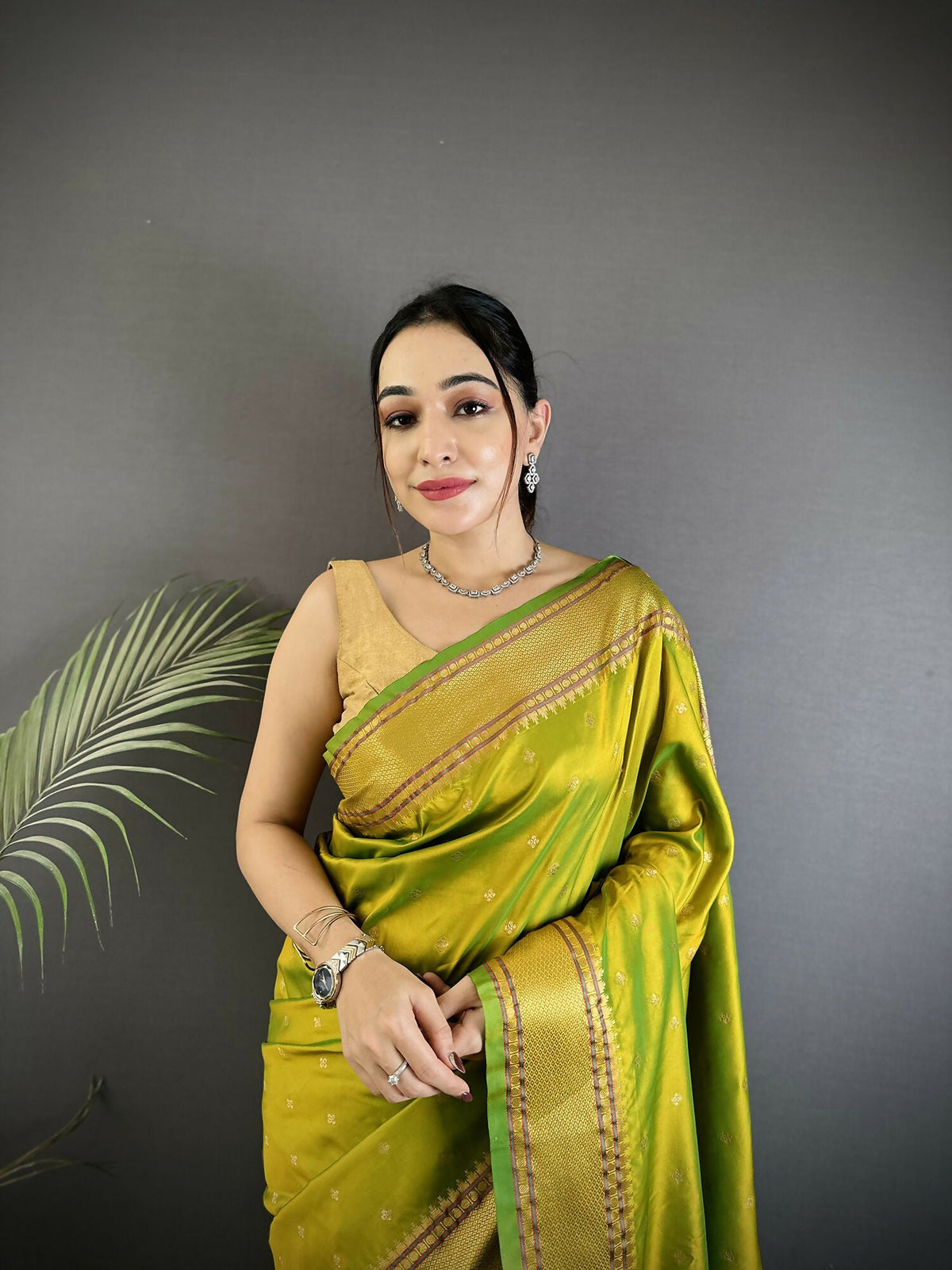 Joban Fashion Lime Green Butti Woven Soft Lichi Silk Paithani Saree | Grocsy