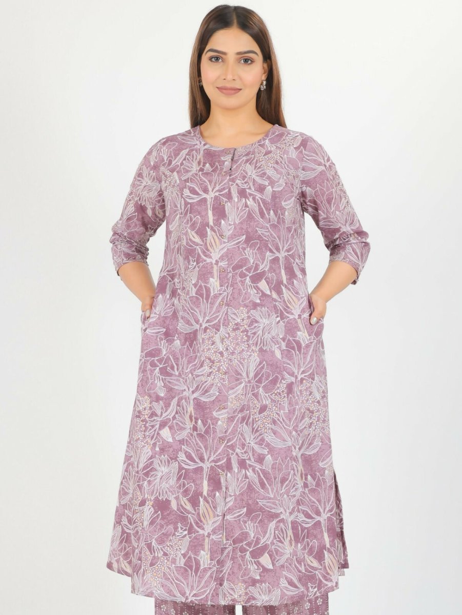 Aramya Purple Soft Cotton Gold Foil A-line Kurta for Women | Grocsy