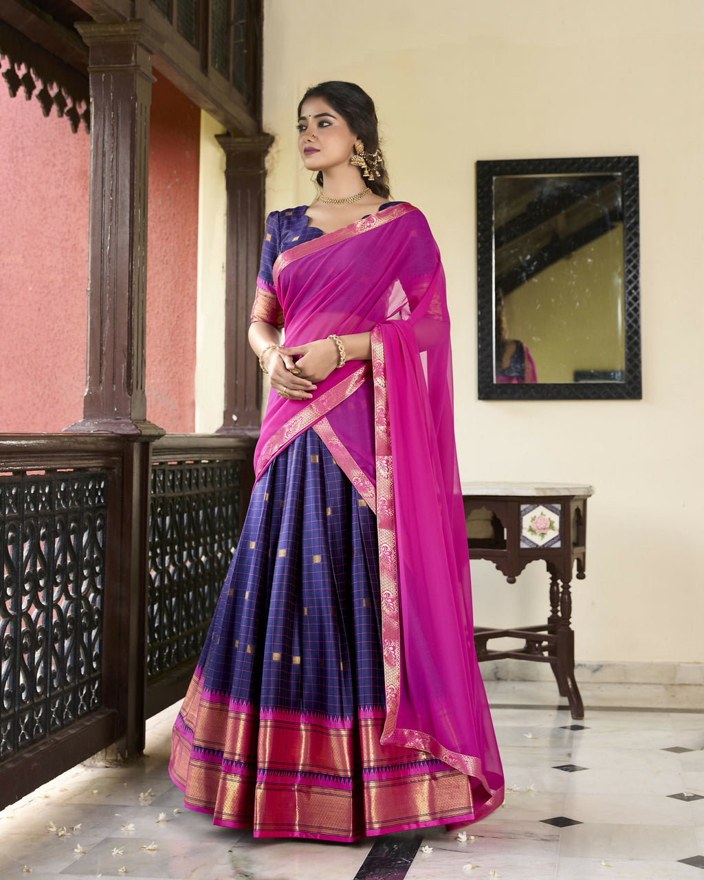 Lorenvalley Navyblue Cotton Silk Weaving Work With Paithani Concept Lehenga Choli | Grocsy