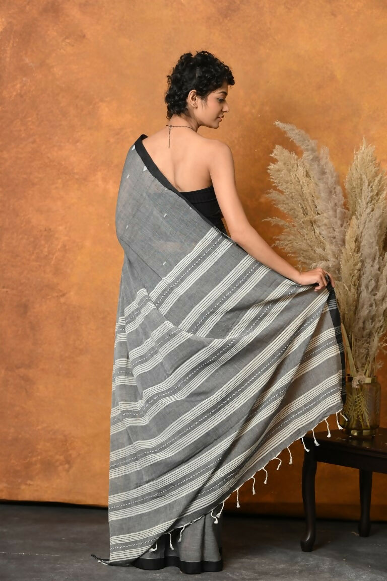 Very Much Indian Handloom Pure Cotton Saree With Sleek Border - Grey | Grocsy