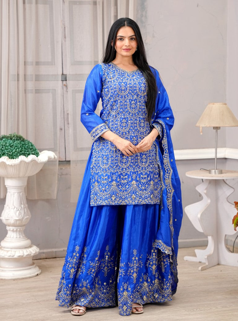Lehenga Mart Designer Chinon Sharara Suit With Sequence Embroidered Work - Blue | Grocsy