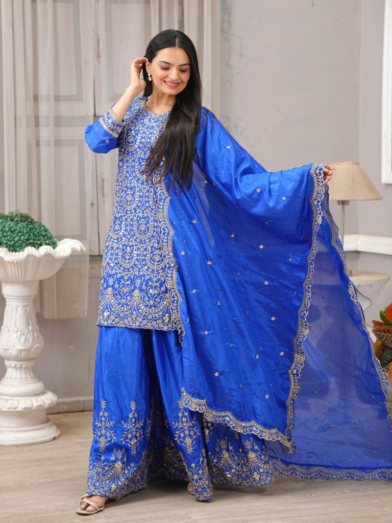 Lehenga Mart Designer Chinon Sharara Suit With Sequence Embroidered Work - Blue | Grocsy