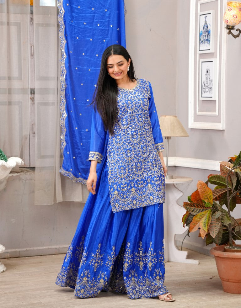 Lehenga Mart Designer Chinon Sharara Suit With Sequence Embroidered Work - Blue | Grocsy