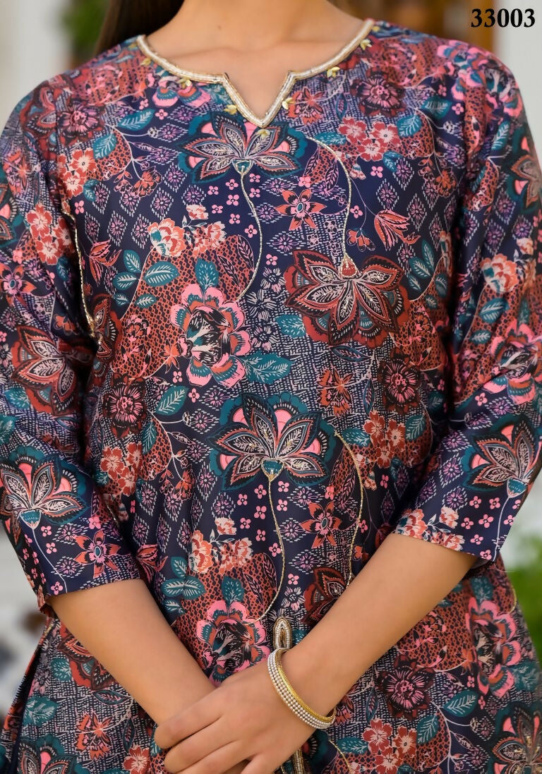 Designer Stylish Navy Blue Dull satin Stitched Suit With Dupatta - Samya | Grocsy