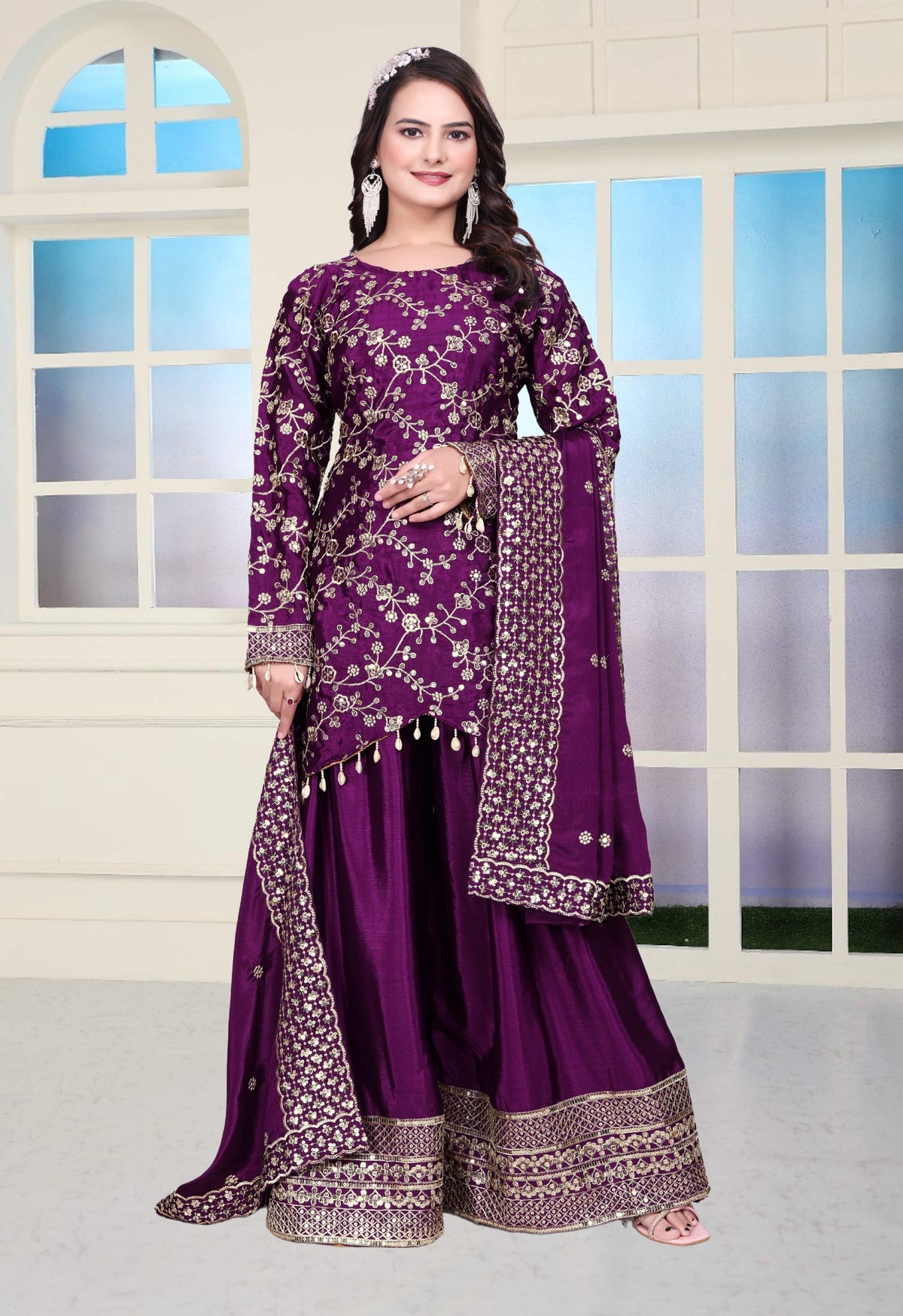 Lehenga Mart Designer Chinon Sharara Suit With Sequence Embroidered Work - Purple | Grocsy