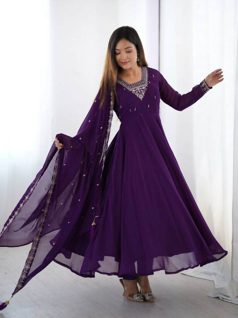Teeya Creation Purple Color Pure Soft Georgette Embroidery Work Gown | Grocsy