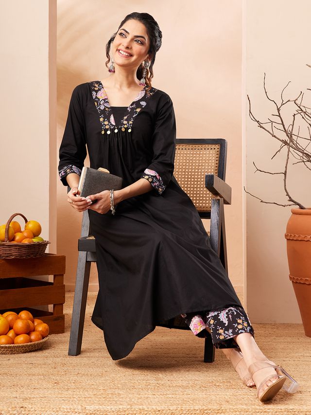 Janasya Black A-Line Cotton Kurta & Bottom | Grocsy