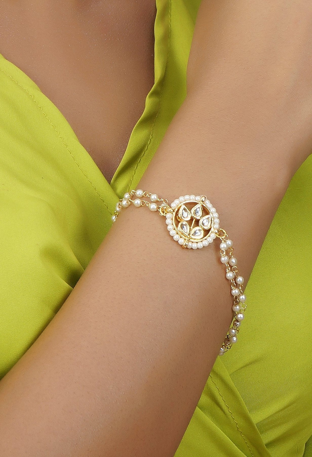 Peryl Women's Green White Gold Tone Kundan Bracelet - Noz2Toz