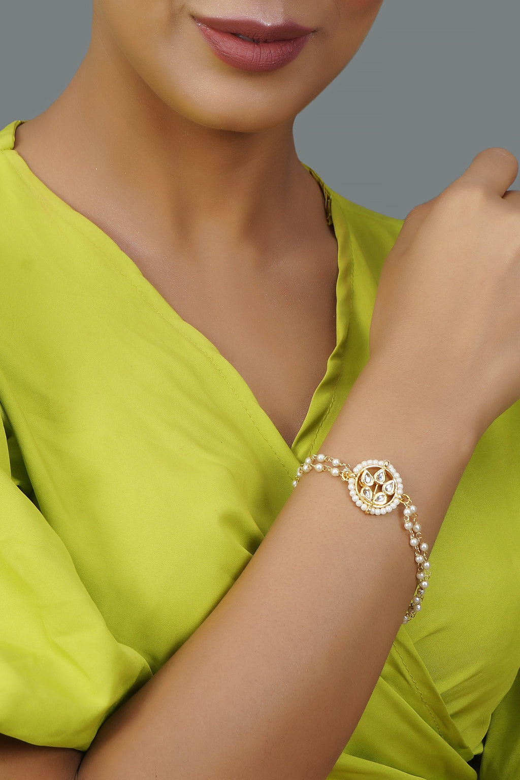 Peryl Women's Green White Gold Tone Kundan Bracelet - Swadesiicart