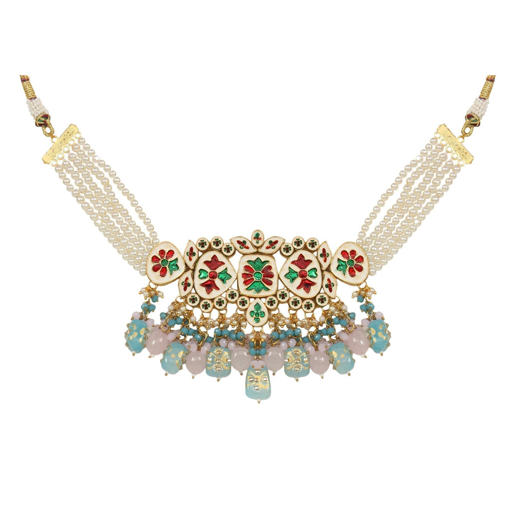 Peryl Women's Pastel Blue And Pink Tanjore Beaded Handcrafted Kundan Necklace With Earrings - Swadesiicart