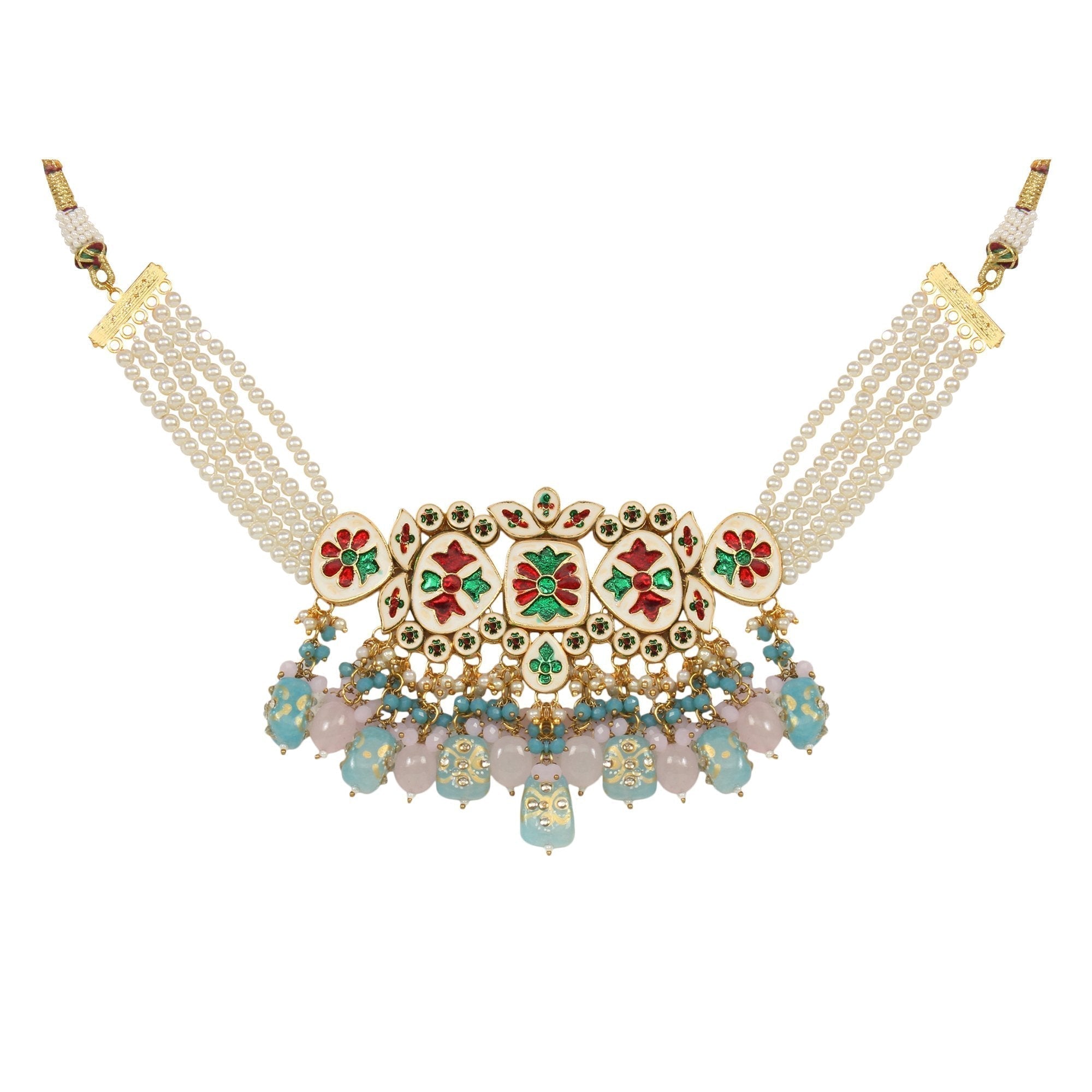 Peryl Women's Pastel Blue And Pink Tanjore Beaded Handcrafted Kundan Necklace With Earrings - Swadesiicart