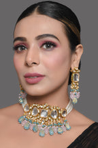 Peryl Women's Pastel Blue And Pink Tanjore Beaded Handcrafted Kundan Necklace With Earrings - Noz2Toz