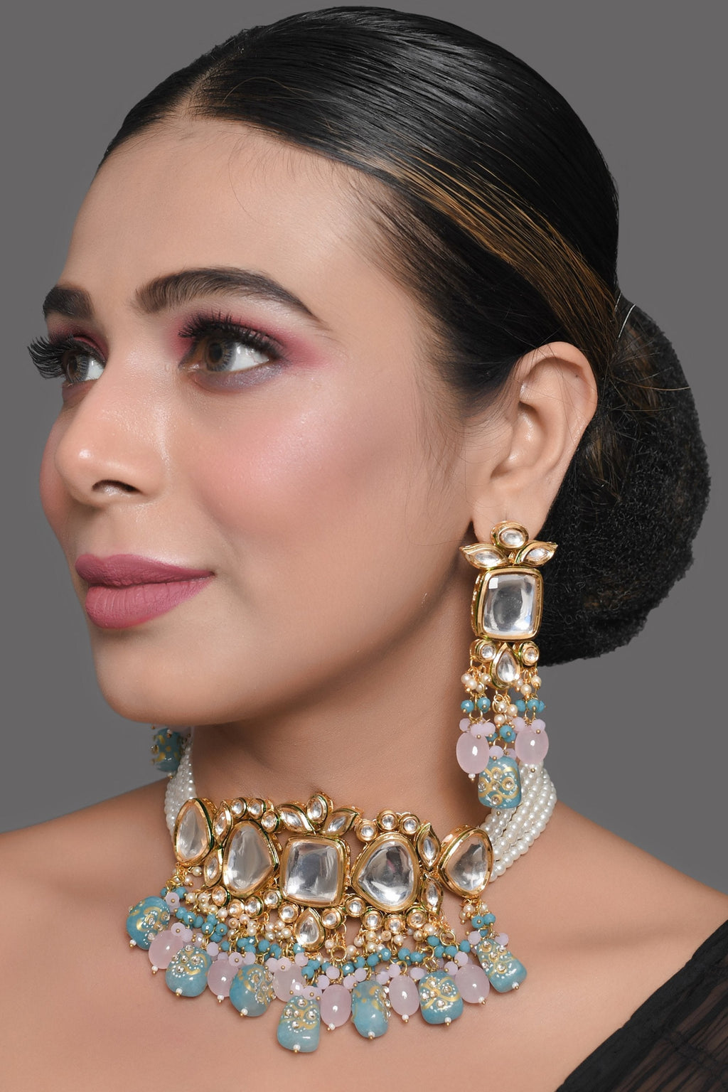 Peryl Women's Pastel Blue And Pink Tanjore Beaded Handcrafted Kundan Necklace With Earrings - Swadesiicart