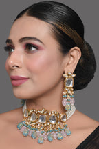Peryl Women's Pastel Blue And Pink Tanjore Beaded Handcrafted Kundan Necklace With Earrings - Swadesiicart
