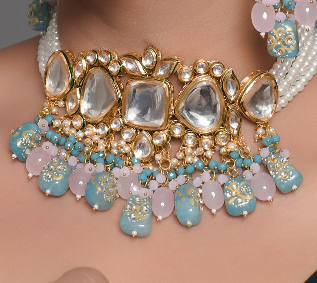 Peryl Women's Pastel Blue And Pink Tanjore Beaded Handcrafted Kundan Necklace With Earrings - Swadesiicart