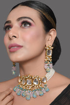 Peryl Women's Pastel Blue And Pink Tanjore Beaded Handcrafted Kundan Necklace With Earrings - Swadesiicart