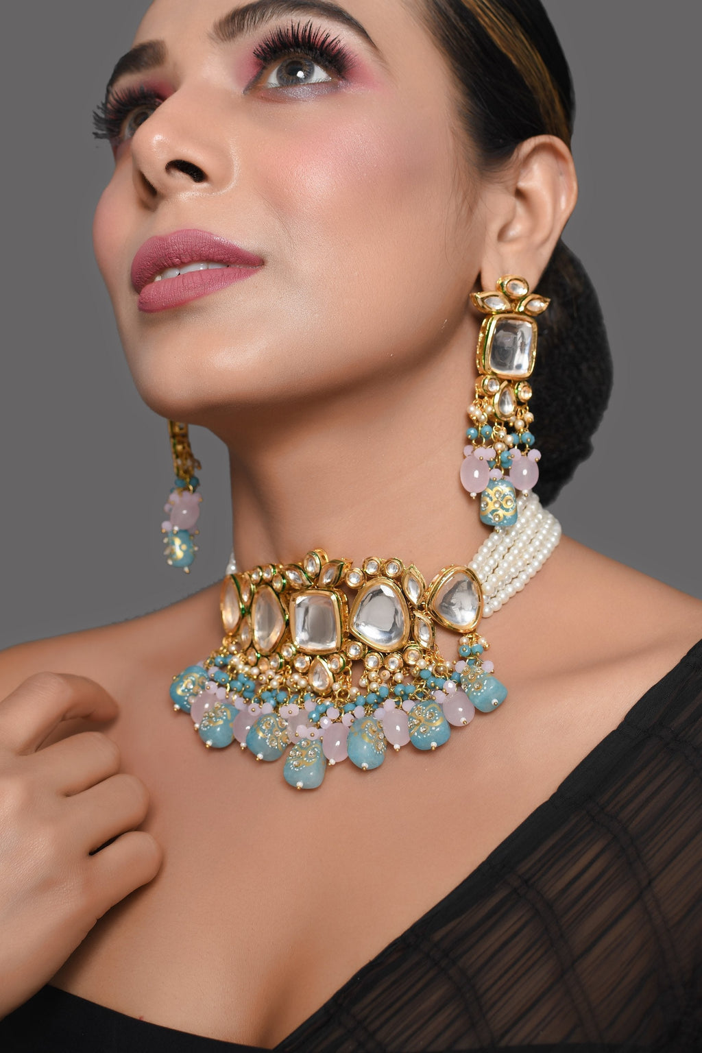 Peryl Women's Pastel Blue And Pink Tanjore Beaded Handcrafted Kundan Necklace With Earrings - Swadesiicart