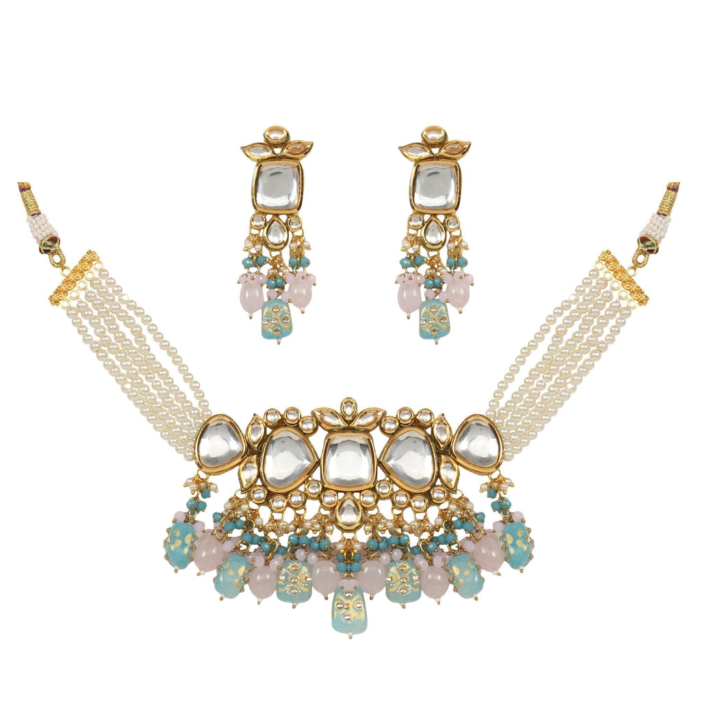 Peryl Women's Pastel Blue And Pink Tanjore Beaded Handcrafted Kundan Necklace With Earrings - Swadesiicart