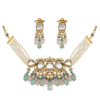 Peryl Women's Pastel Blue And Pink Tanjore Beaded Handcrafted Kundan Necklace With Earrings - Swadesiicart