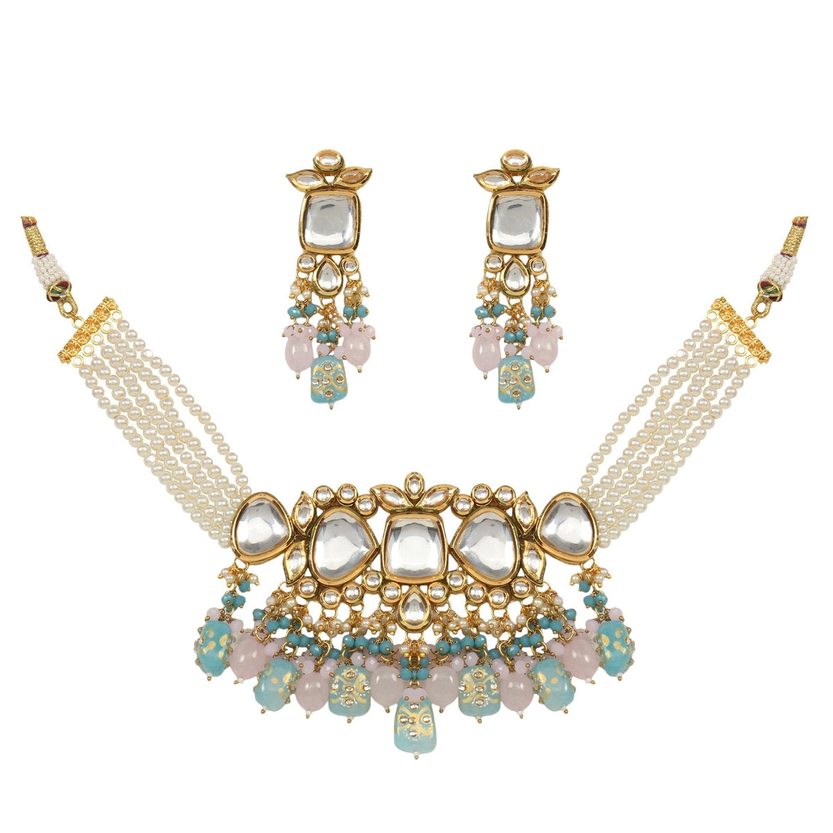 Peryl Women's Pastel Blue And Pink Tanjore Beaded Handcrafted Kundan Necklace With Earrings - Swadesiicart