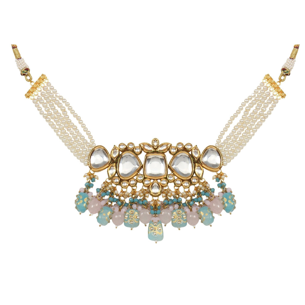 Peryl Women's Pastel Blue And Pink Tanjore Beaded Handcrafted Kundan Necklace With Earrings - Swadesiicart
