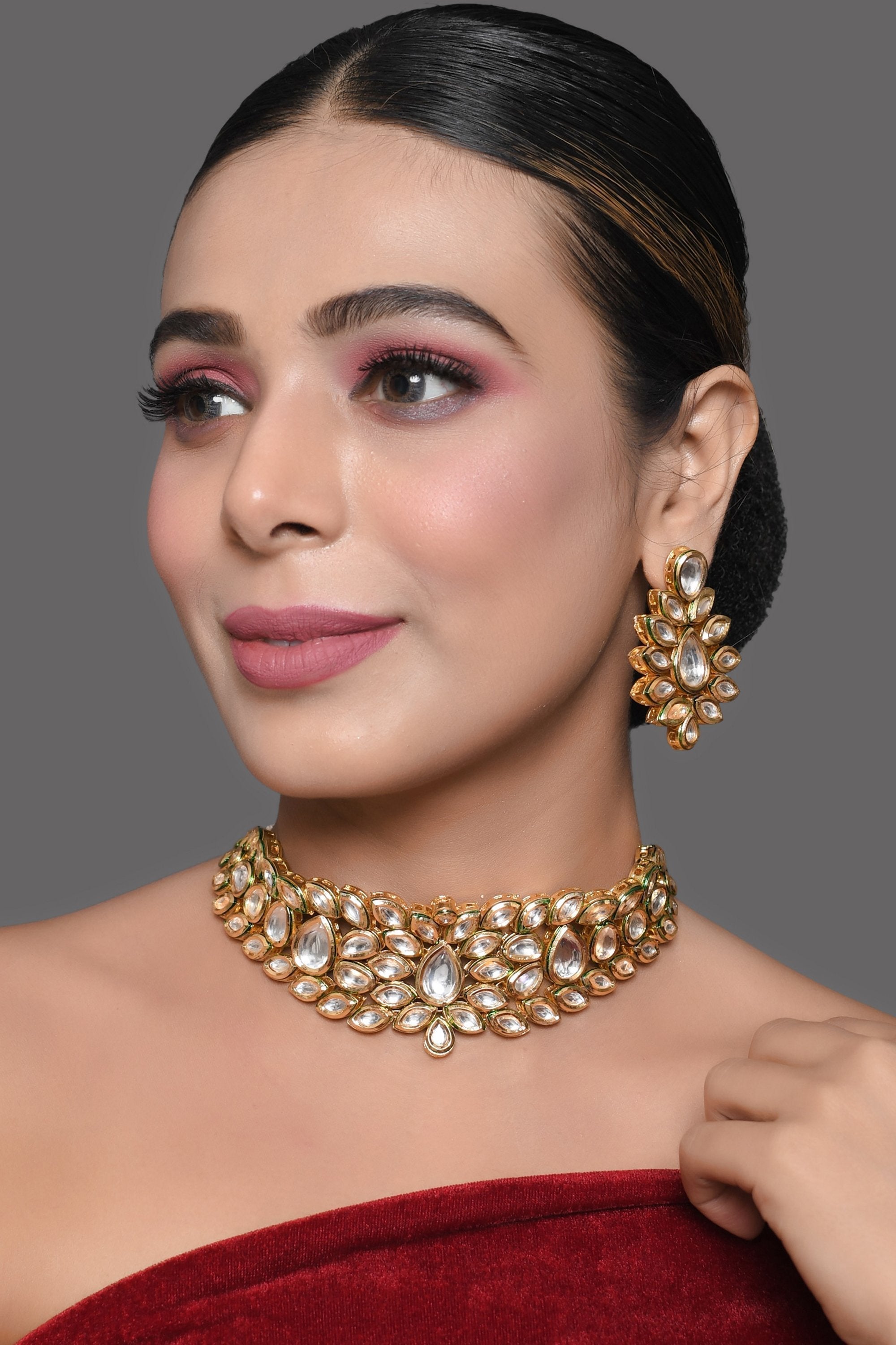Peryl Women's Gold Tone Kundan Inspired Necklace With Earrings - Swadesiicart