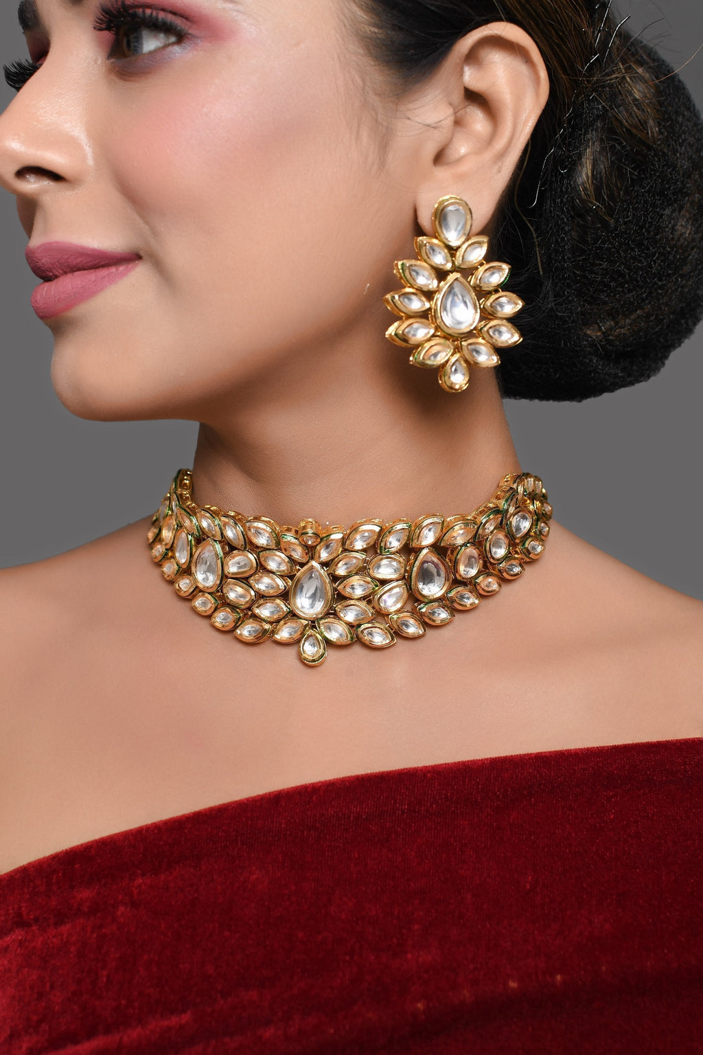 Peryl Women's Gold Tone Kundan Inspired Necklace With Earrings - Swadesiicart