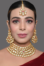 Peryl Women's Handcrafted Maharani Kundan Necklace With Earrings & Mang Tika - Noz2Toz