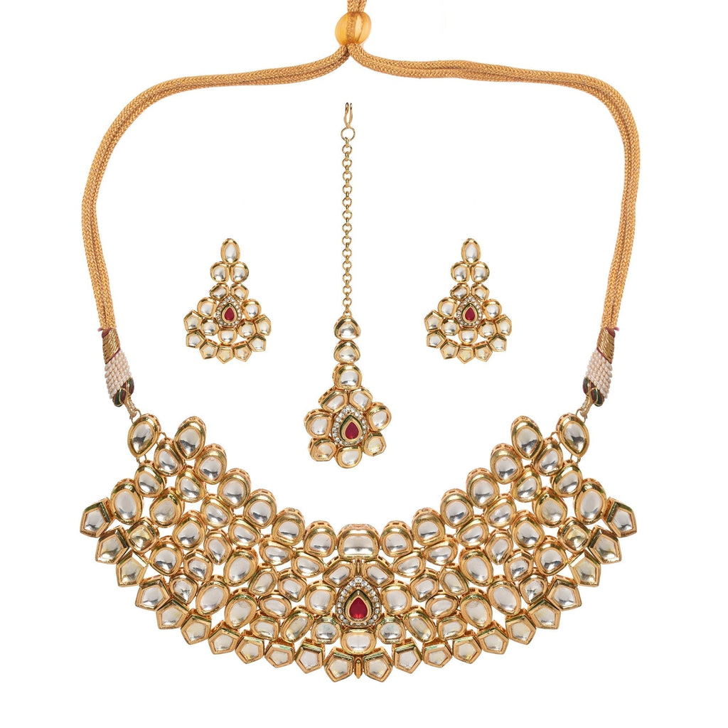 Peryl Women's Handcrafted Maharani Kundan Necklace With Earrings & Mang Tika - Swadesiicart