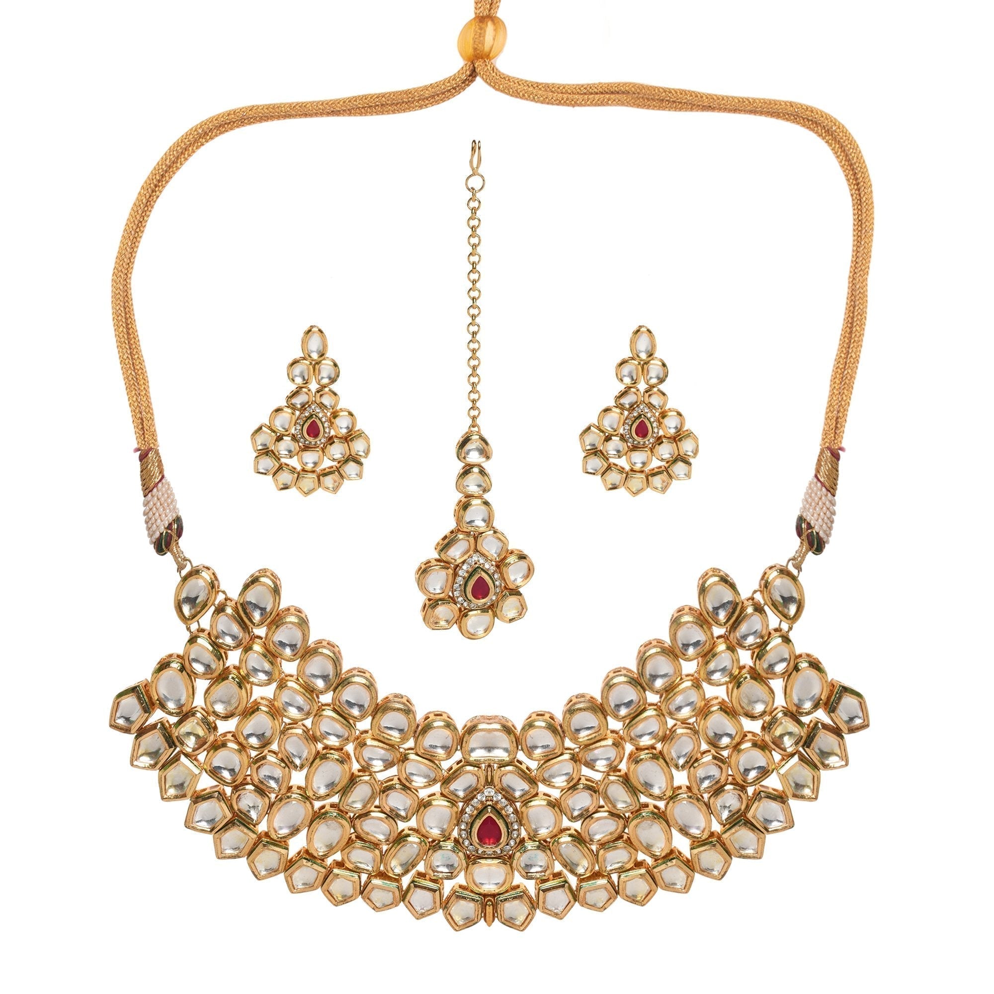 Peryl Women's Handcrafted Maharani Kundan Necklace With Earrings & Mang Tika - Swadesiicart