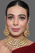 Peryl Women Gold Toned Kundan Necklace With Earrings(2 Pc Set) - Noz2Toz