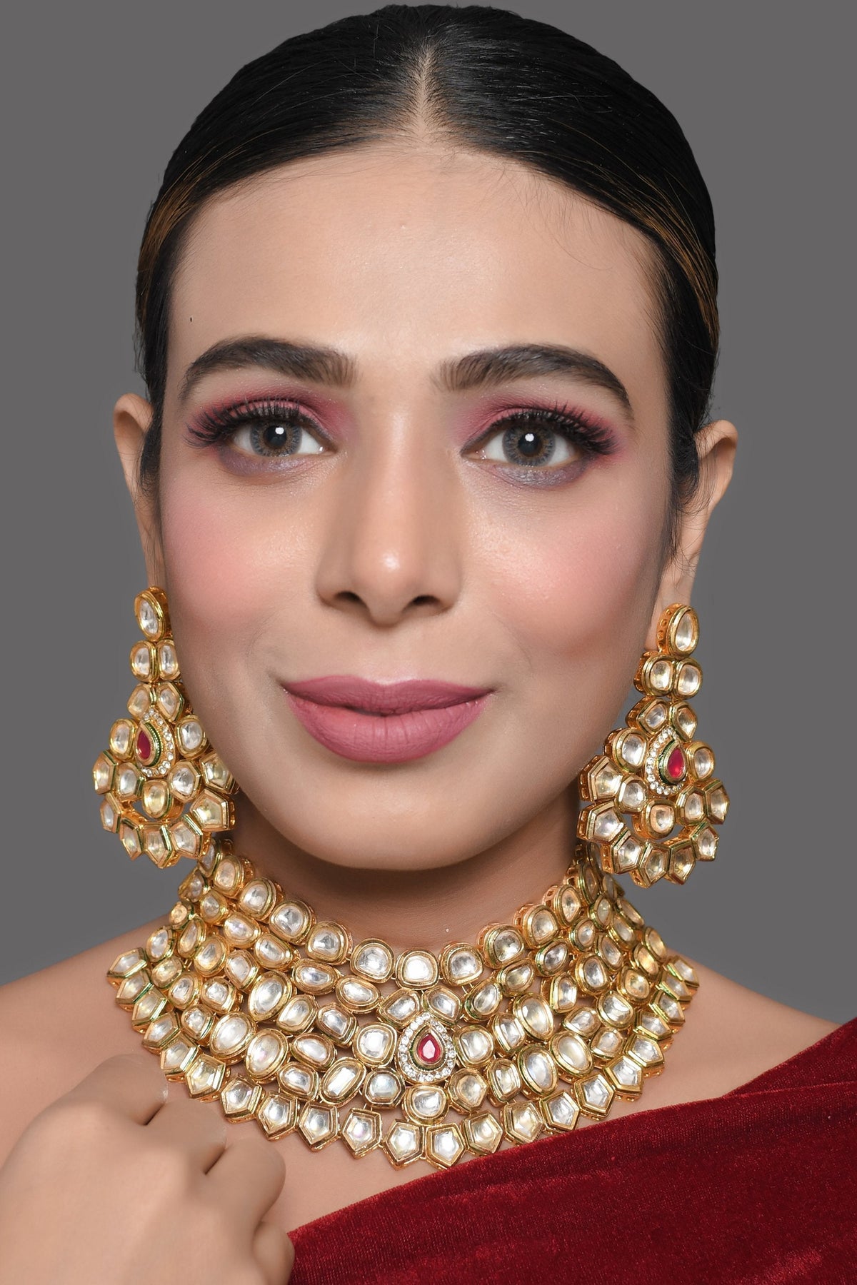Peryl Women Gold Toned Kundan Necklace With Earrings(2 Pc Set) - Noz2Toz