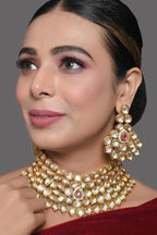 Peryl Women Gold Toned Kundan Necklace With Earrings(2 Pc Set) - Swadesiicart