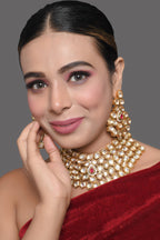 Peryl Women Gold Toned Kundan Necklace With Earrings(2 Pc Set) - Swadesiicart