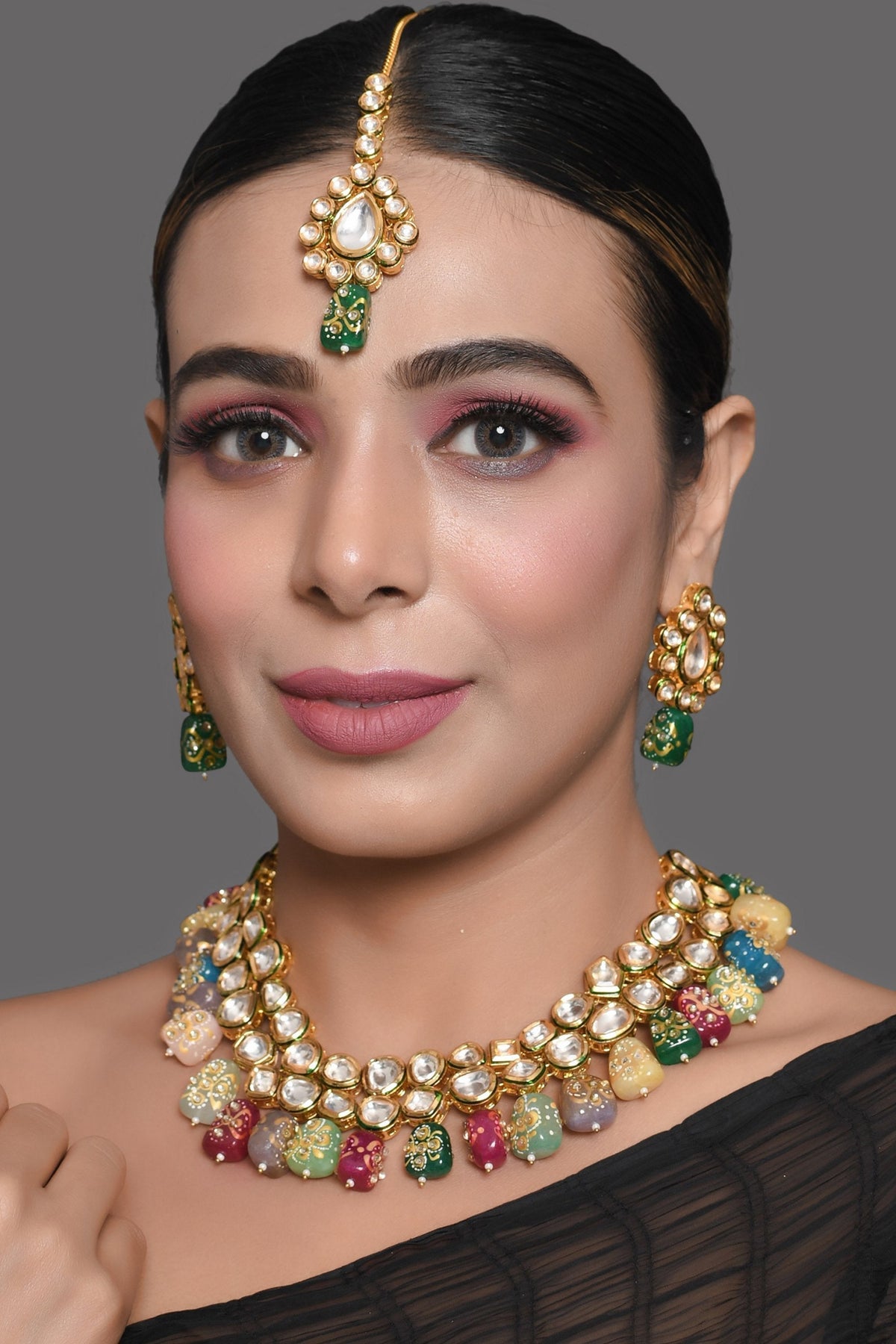 Peryl Women's Gold Toned Multicolored Beaded Kundan Necklace Teamed With Matching Earrings & Mang Tika - Swadesiicart