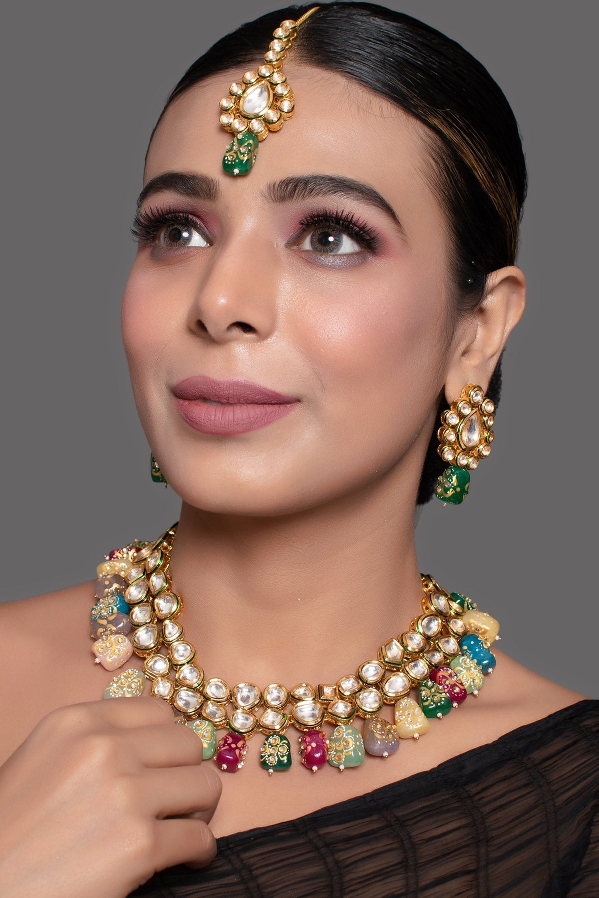 Peryl Women's Gold Toned Multicolored Beaded Kundan Necklace Teamed With Matching Earrings & Mang Tika - Swadesiicart
