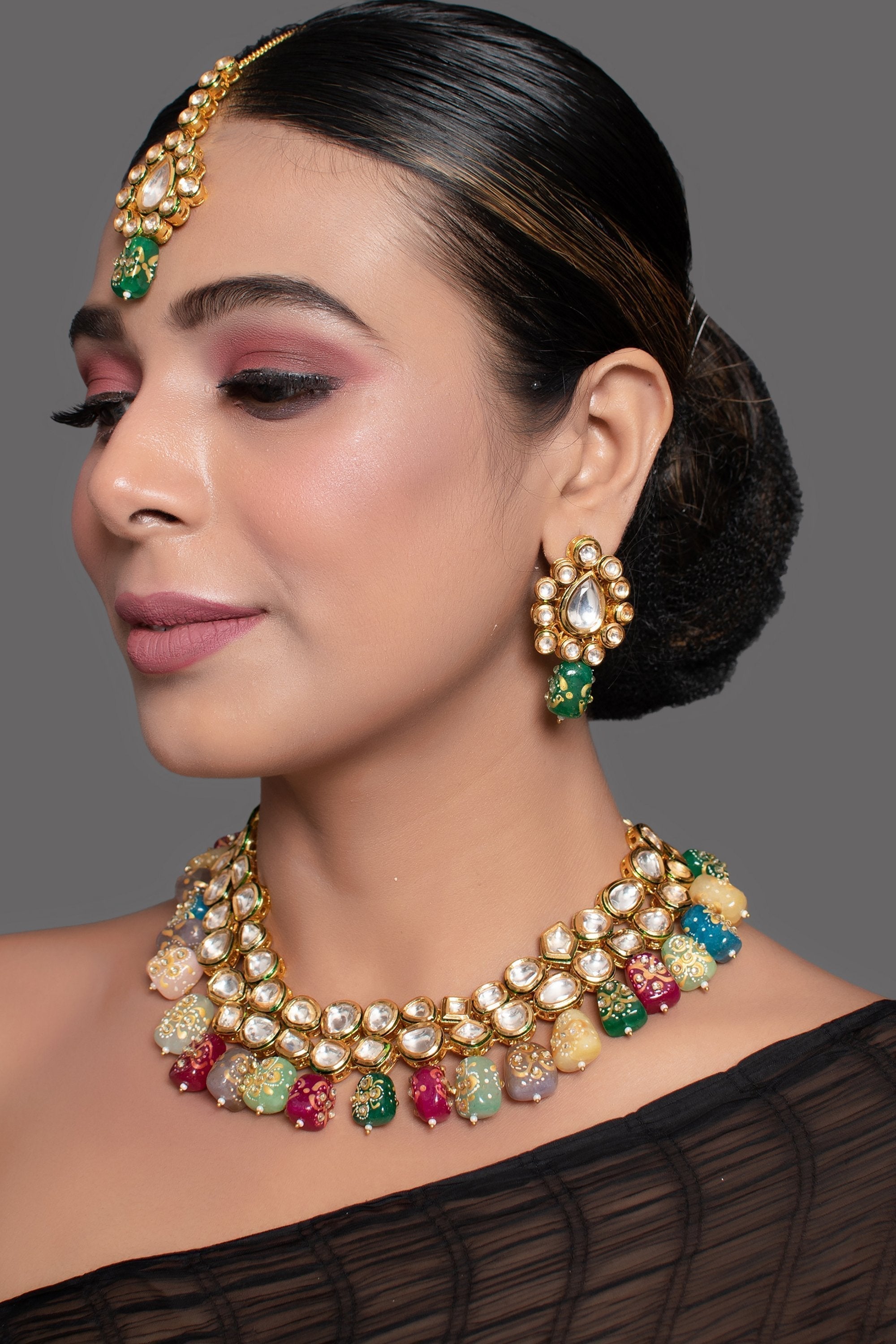 Peryl Women's Gold Toned Multicolored Beaded Kundan Necklace Teamed With Matching Earrings & Mang Tika - Swadesiicart