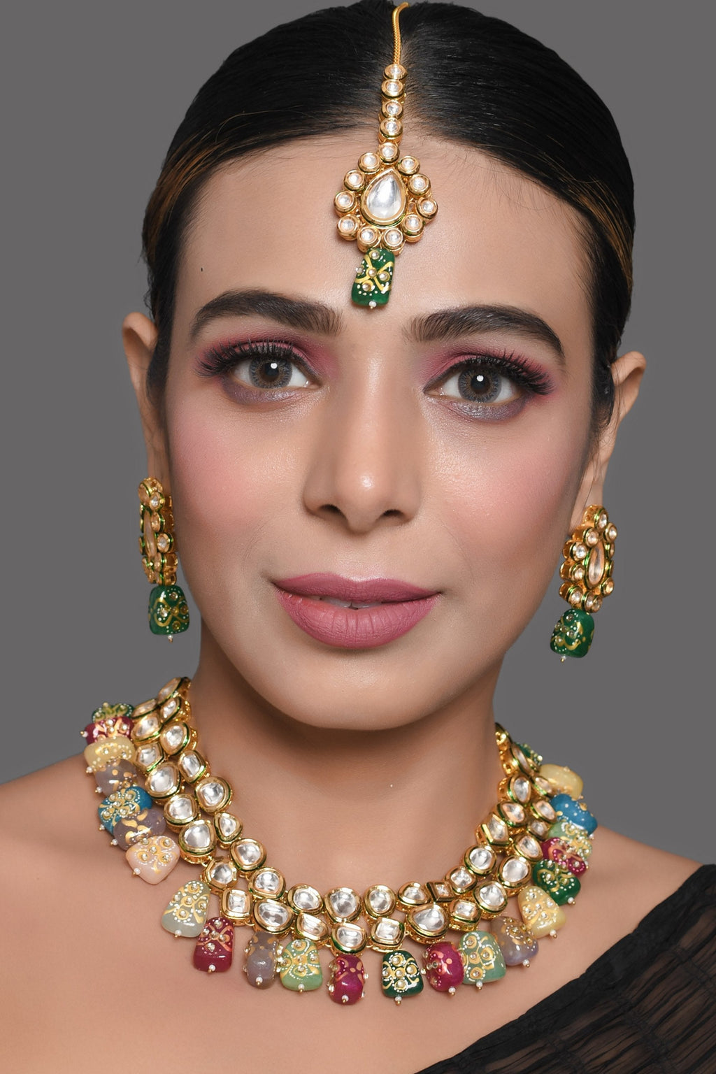 Peryl Women's Gold Toned Multicolored Beaded Kundan Necklace Teamed With Matching Earrings & Mang Tika - Noz2Toz