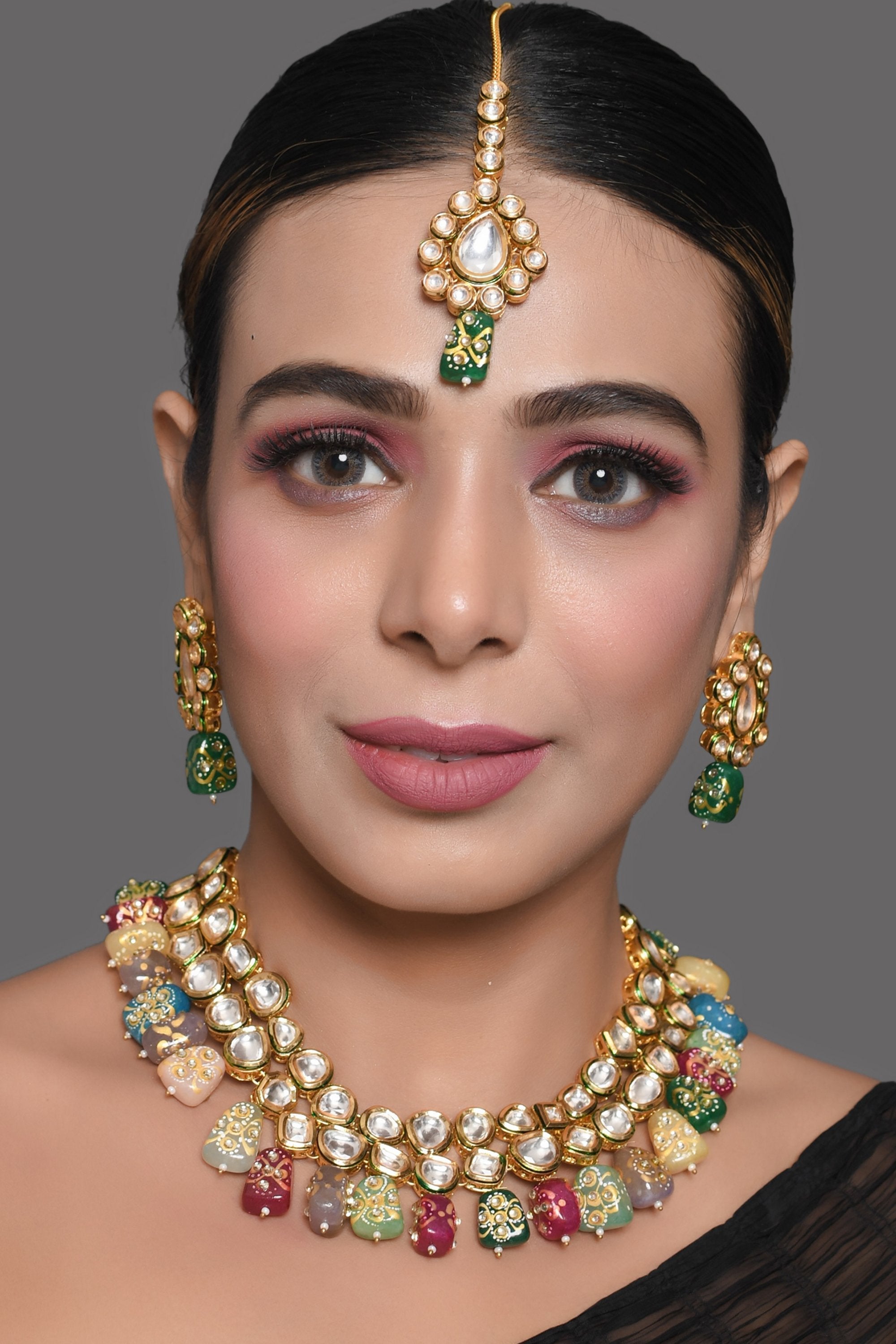 Peryl Women's Gold Toned Multicolored Beaded Kundan Necklace Teamed With Matching Earrings & Mang Tika - Noz2Toz